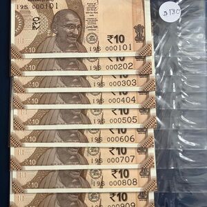 Reserved Bank of India Set of 9 $10 Rupees Banknote Very Low Sequential Numbers